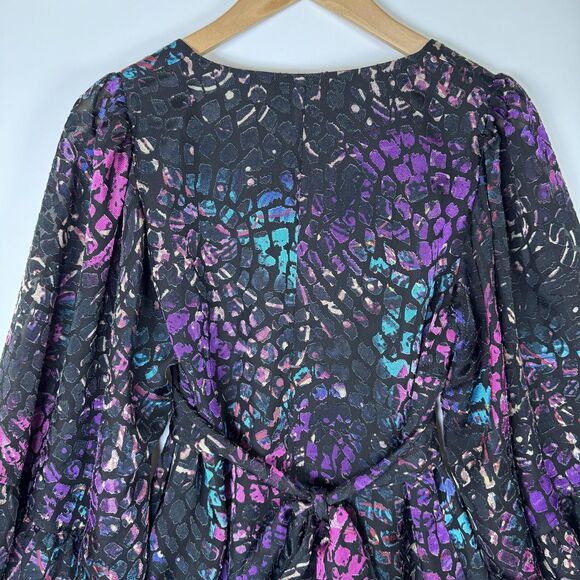 Betsey Johnson Dress Womens 4 Black Multicolor Animal Print Ruffle Bell Sleeve - Picture 5 of 16